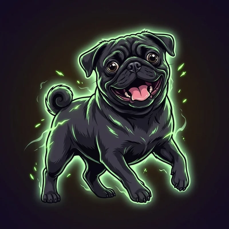 Turbo, the black pug, lit up in his green