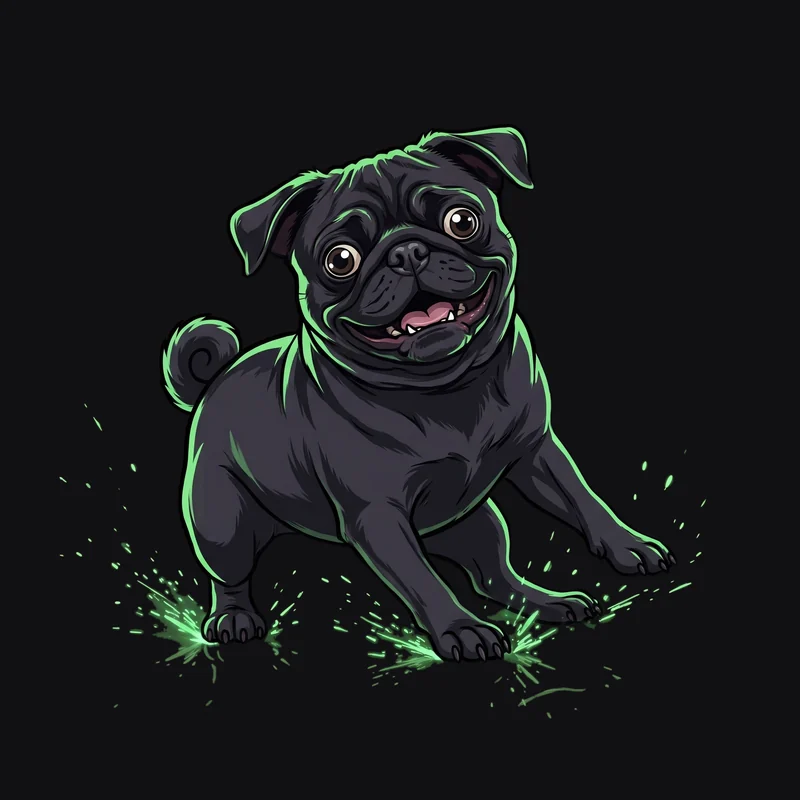 Turbo, the black pug, skidding to a stop in a spray of green