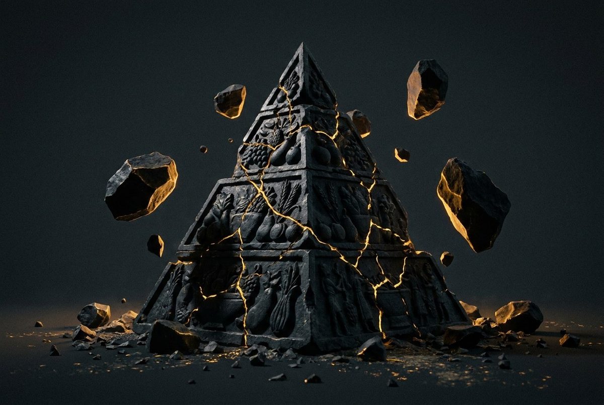 A stone pyramid cracking apart, gold light through the cracks