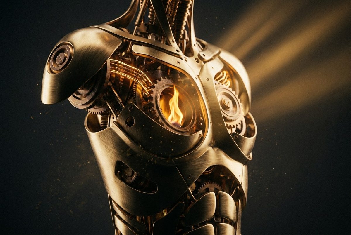 A gold anatomical torso in the dark