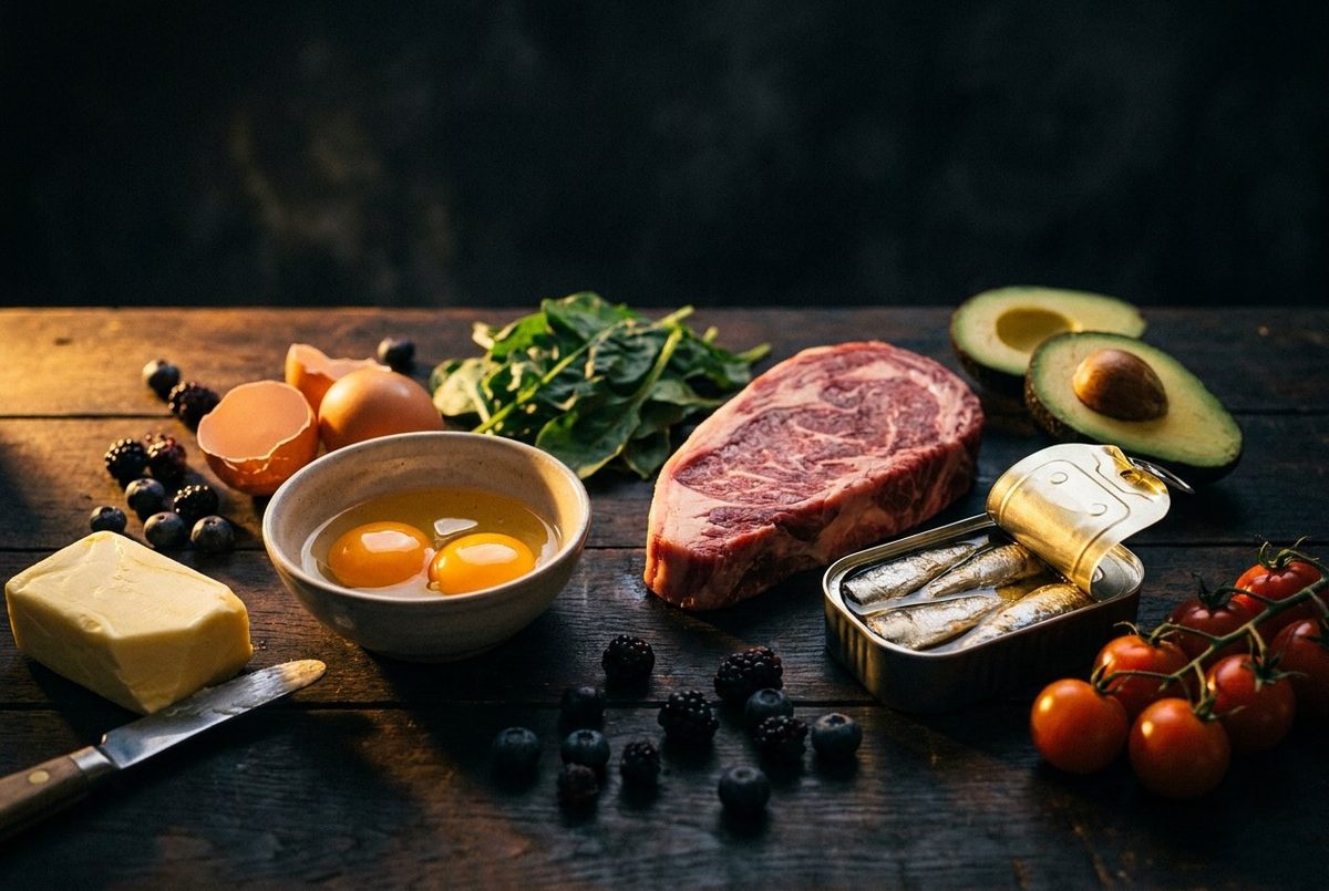 Real food laid out on dark timber